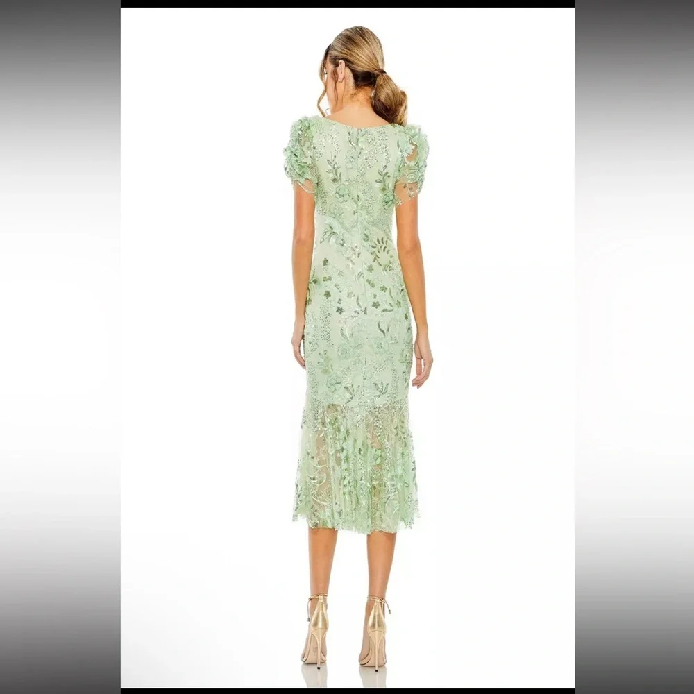 Mac Duggal Size 8 Mint Green 68266 Puff Sleeve V-Neck Embellished Midi Dress New - Picture 2 of 15